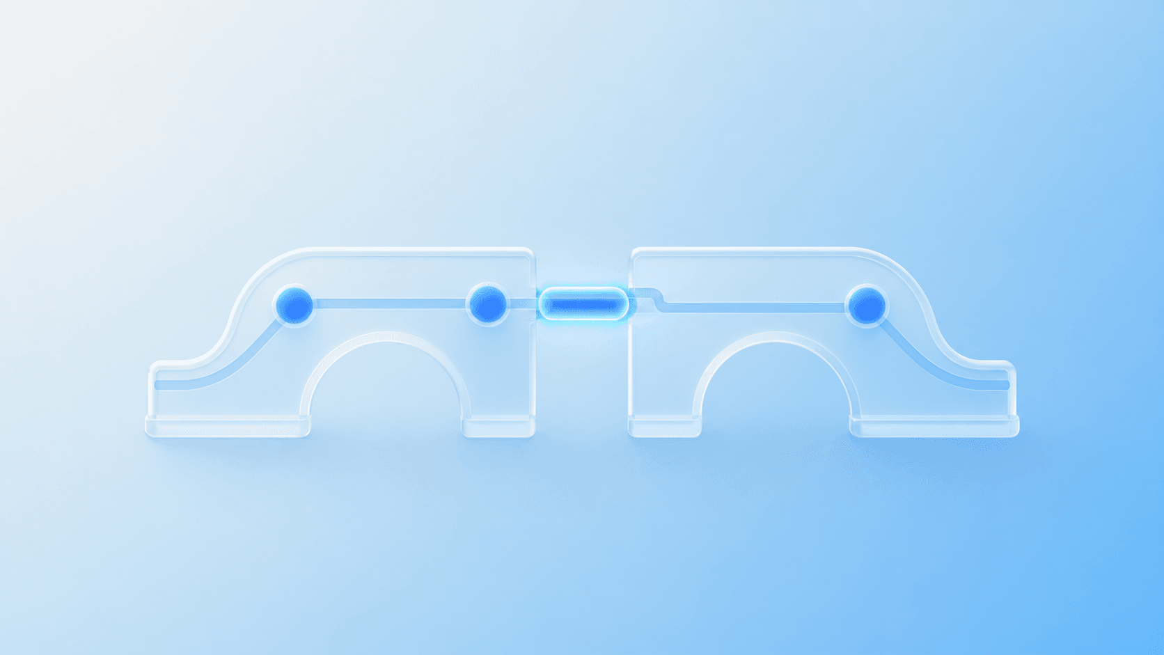 Translucent glass bridge reconnecting three blue attribution signals