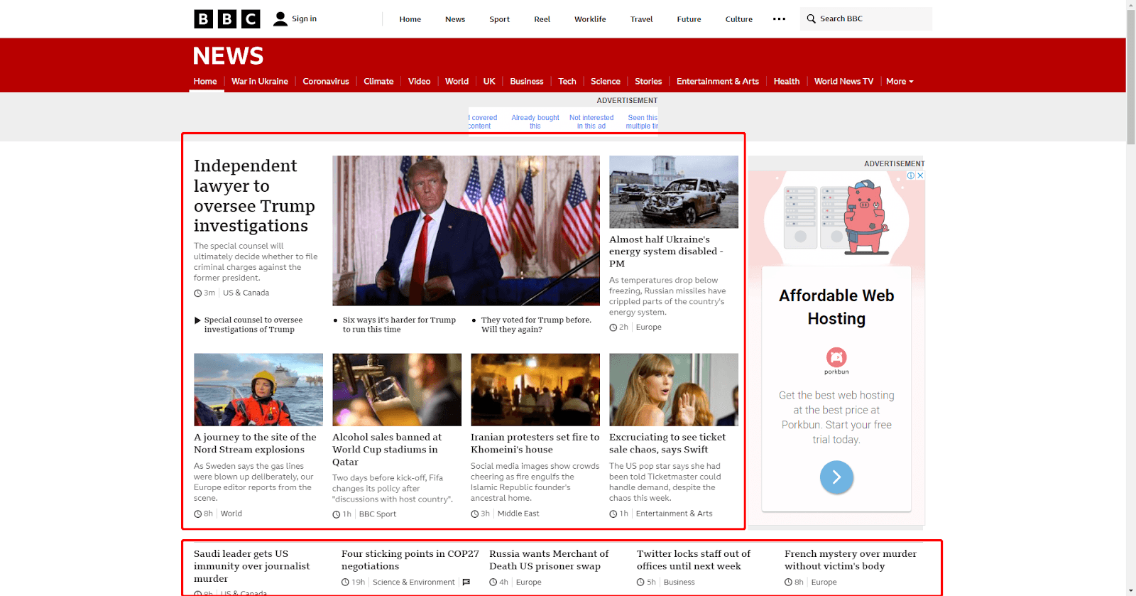 BBC News homepage with its large content grid highlighted as an example of a page with a big DOM