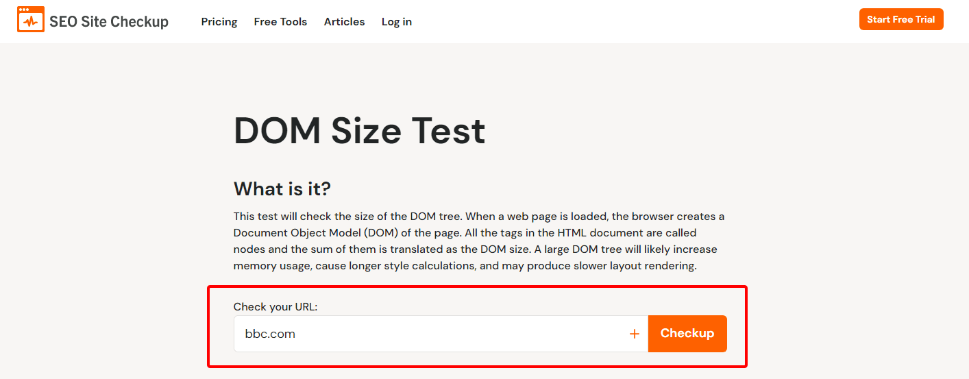 SEO Site Checkup DOM Size Test page with bbc.com entered in the check your URL field