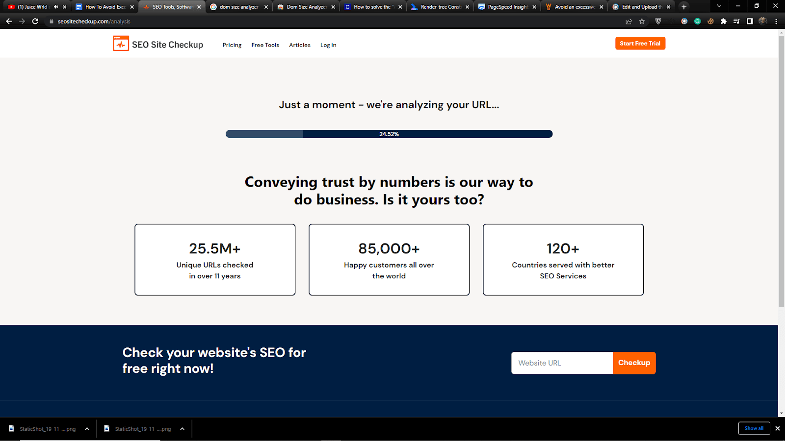 SEO Site Checkup analysing a URL with the progress bar part way through