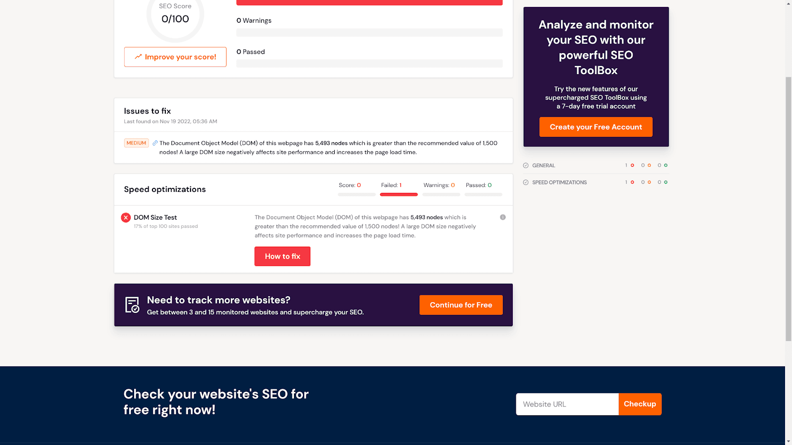 SEO Site Checkup results showing a failed DOM Size Test with 5,493 nodes against a recommended 1,500