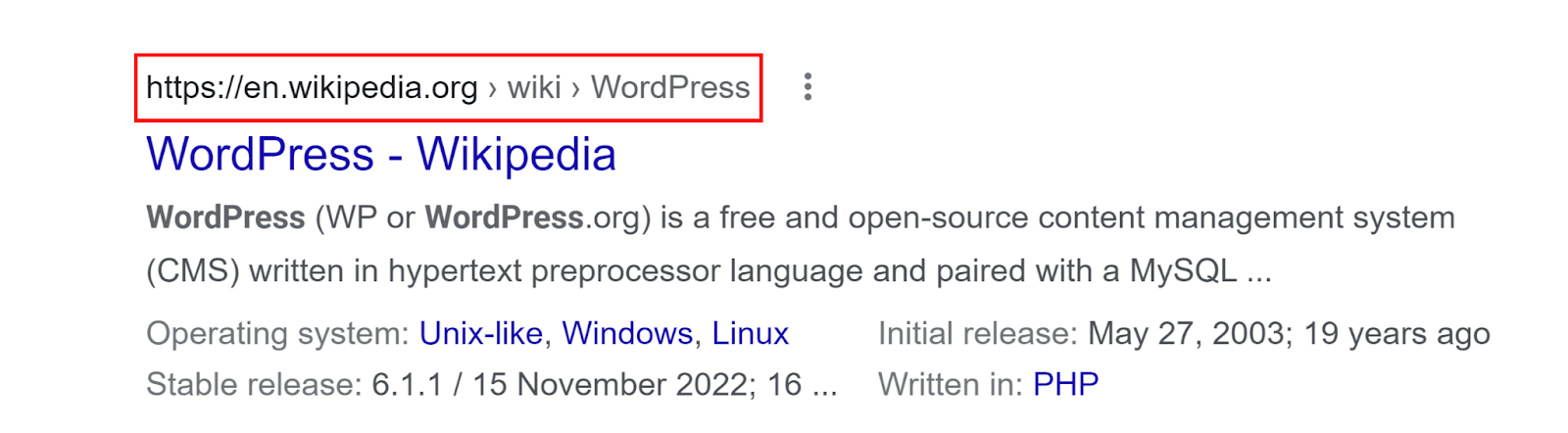 Google search result for the WordPress Wikipedia page with the breadcrumb style URL path highlighted