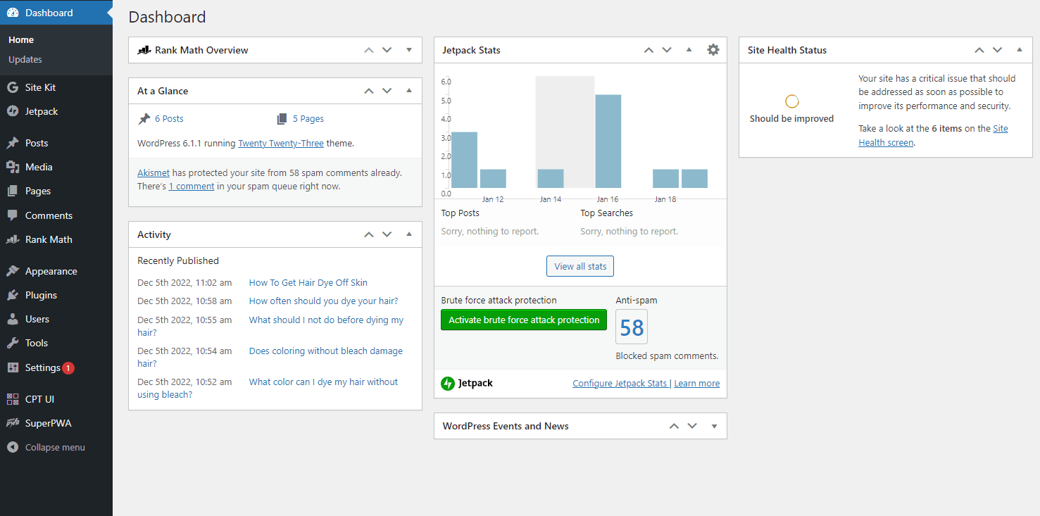 The WordPress dashboard