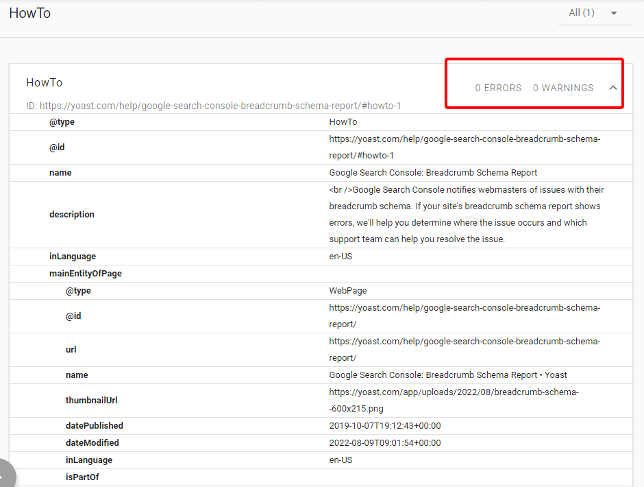 schema markup validator HowTo result reporting zero errors and zero warnings
