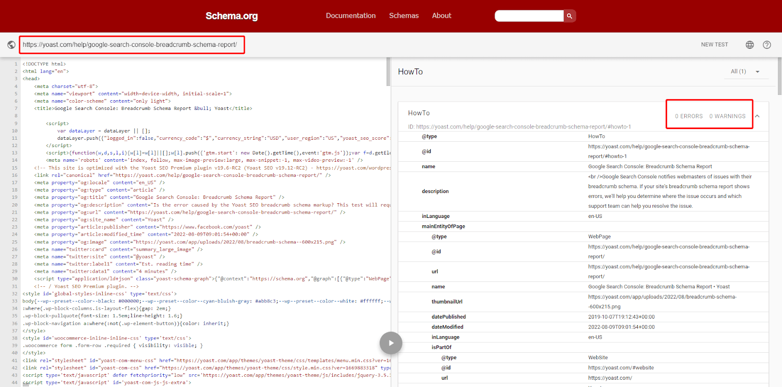 URL source code and markup schema shown in the schema validator tool