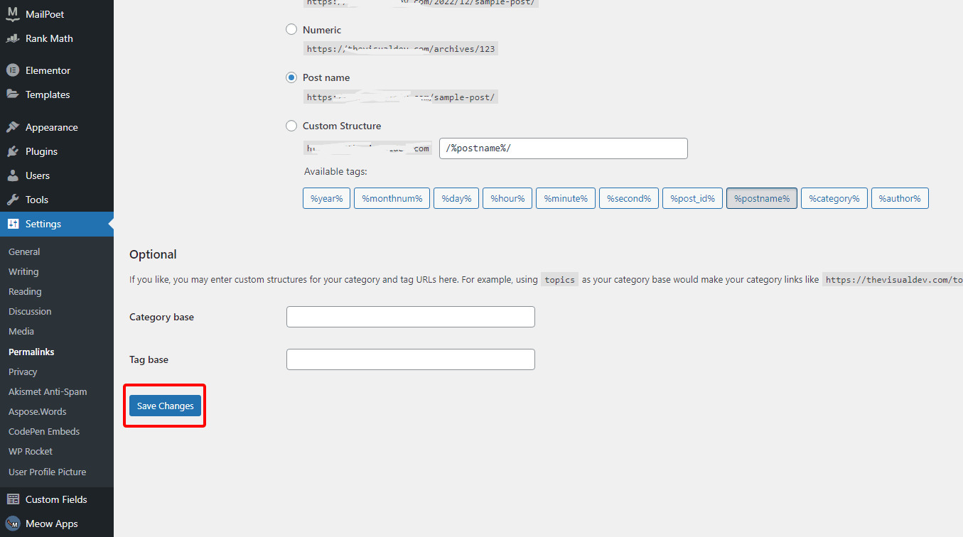 WordPress Settings Permalinks screen with Post name selected and the Save Changes button highlighted