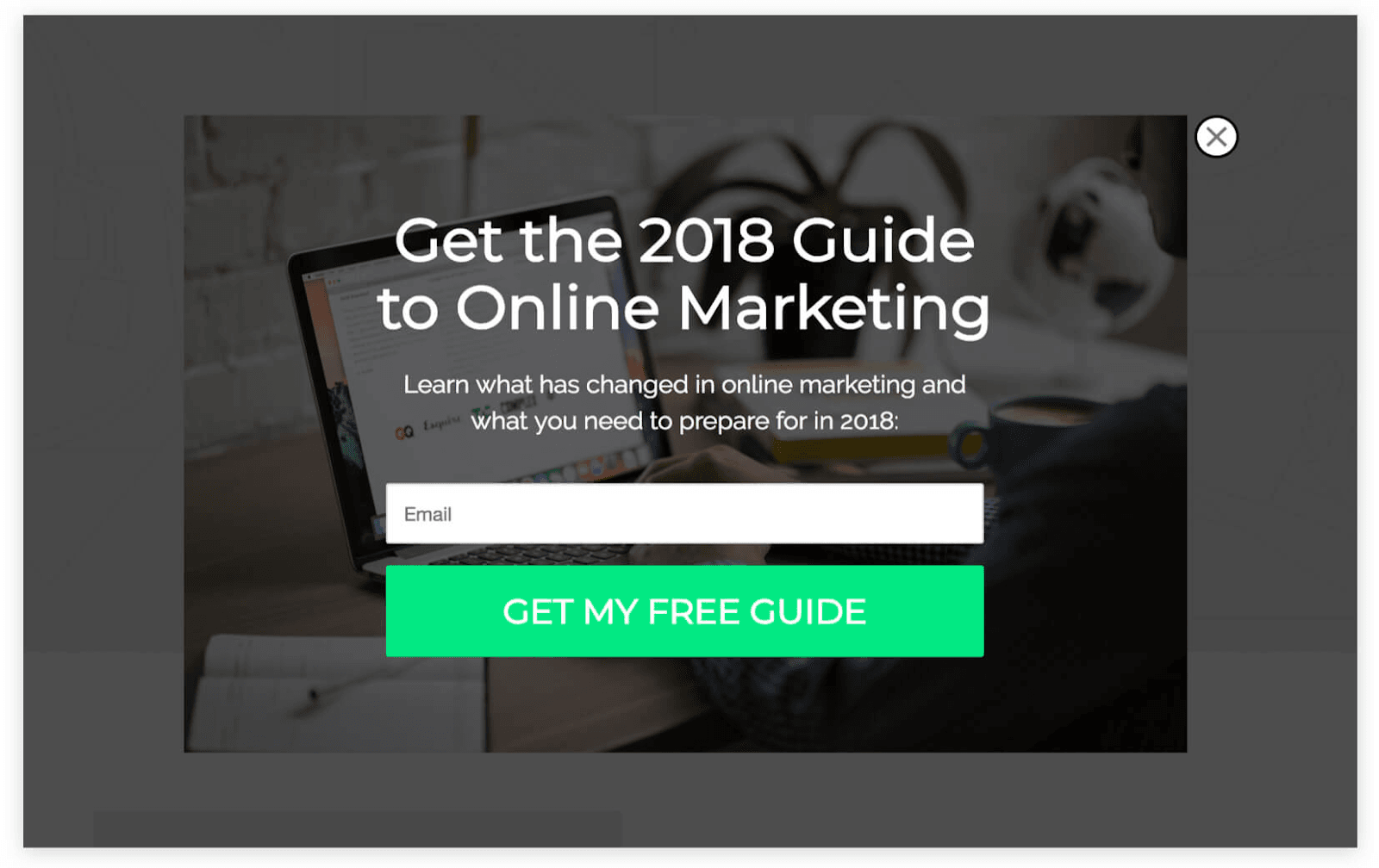 Example ebook lead-generation popup gating a free online marketing guide behind an email field