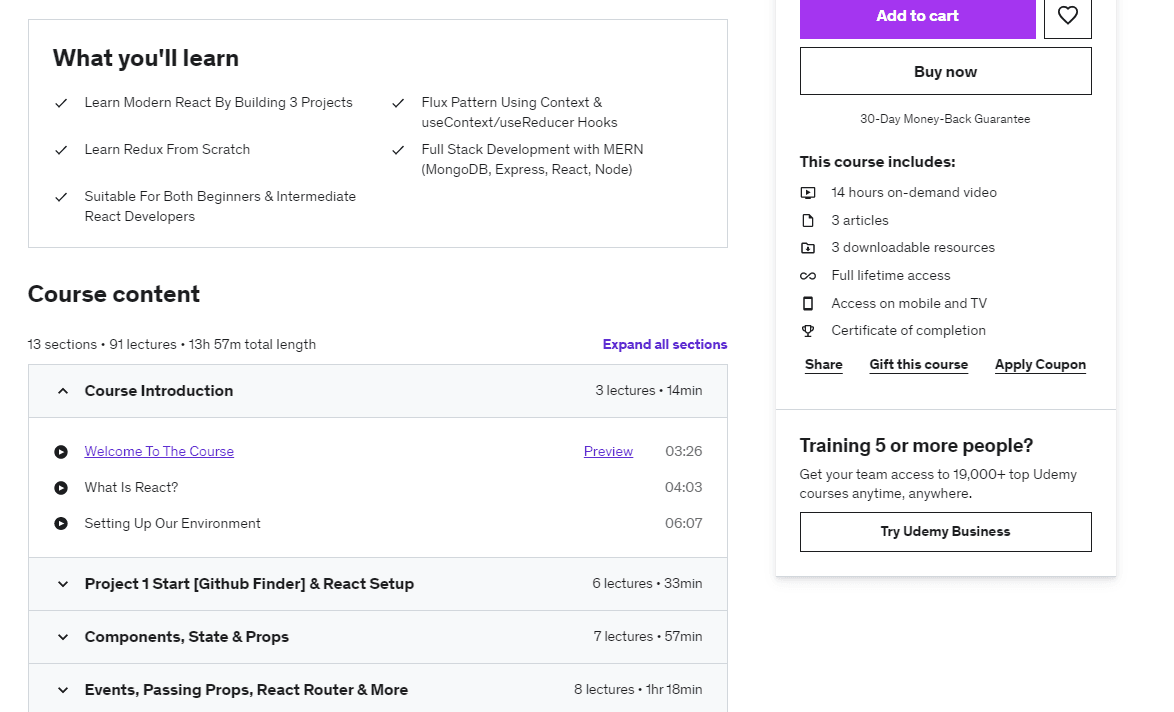 Online course sales page showing gated course content, curriculum and purchase options