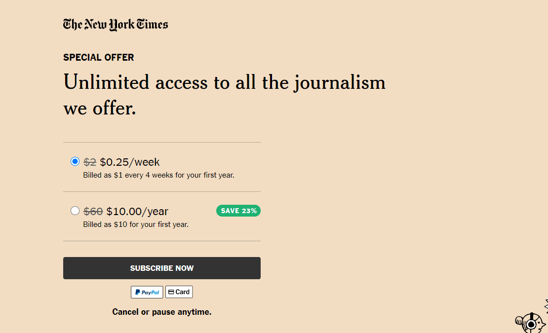 New York Times subscription paywall offering weekly and yearly gated access plans