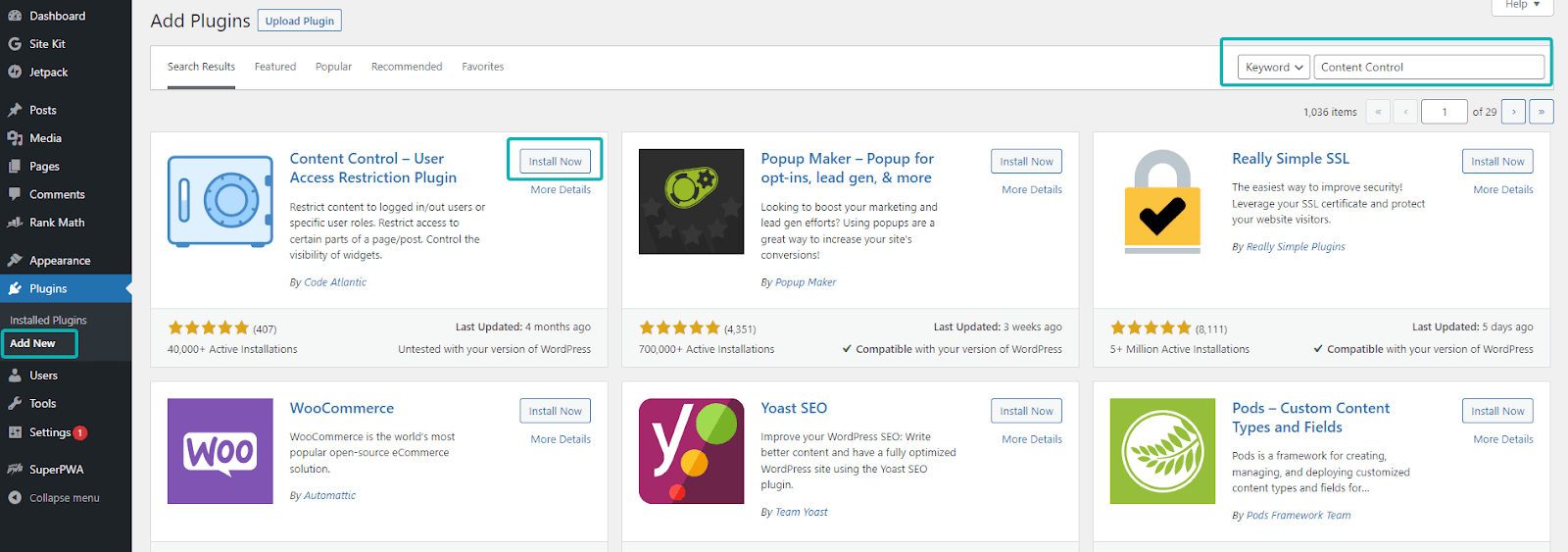 WordPress Add Plugins screen with Content Control found in search and Install Now highlighted