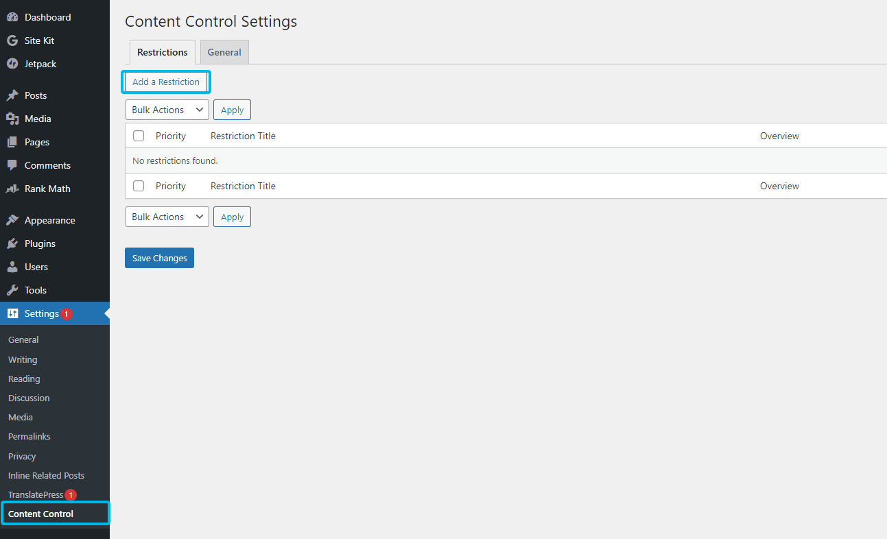 Content Control settings screen with the Add a Restriction button highlighted