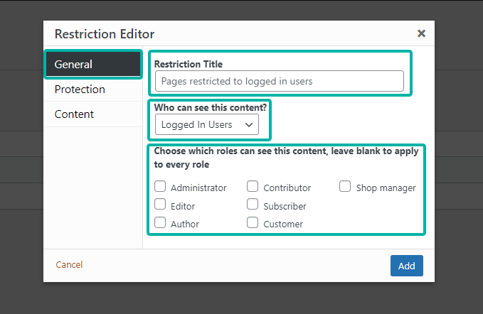 Content Control restriction editor open on the General tab showing the restriction configuration options