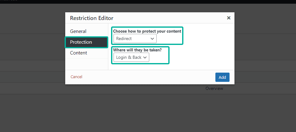 Content Control restriction editor Protection tab set to Redirect with Login & Back as the destination