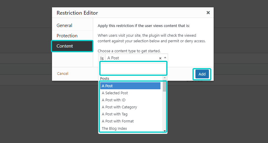 Content Control restriction editor Content tab for selecting exactly which content to gate