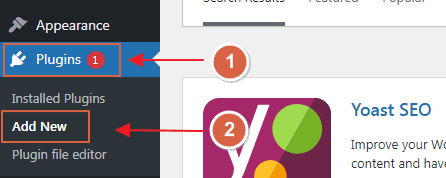 WordPress dashboard sidebar with Plugins expanded and Add New highlighted