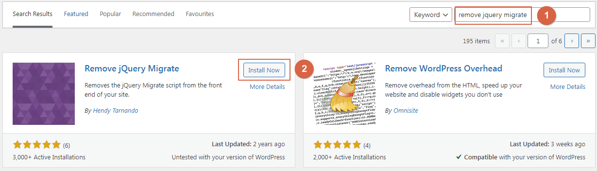 WordPress plugin search results for "remove jquery migrate" with Install Now highlighted on the Remove jQuery Migrate plugin