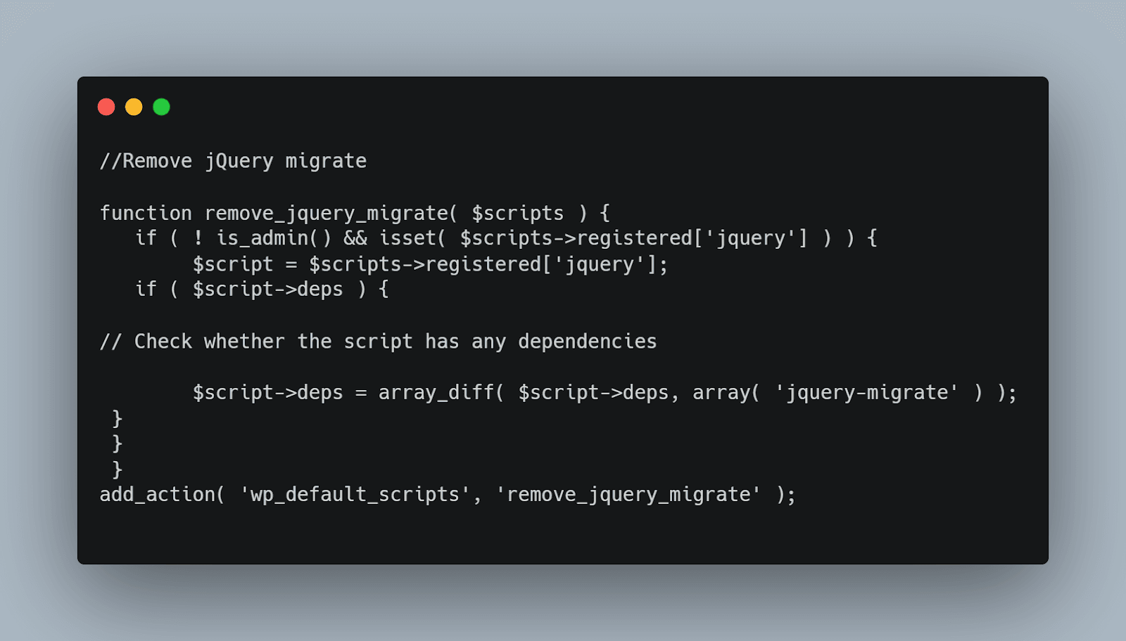 editing functions.php to remove jquery migrate